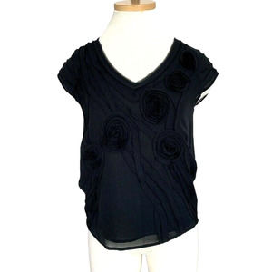 Talbots Black Silk Top Raw Hem Flower Detail Size 2 Petite